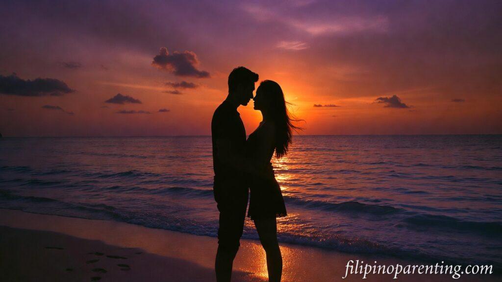 Romantic Tagalog Sayings Warm Heart Soul: 5 Enchanting Expressions A silhouette of a couple on a beach at sunset representing Romantic Tagalog Sayings Warm Heart Soul.