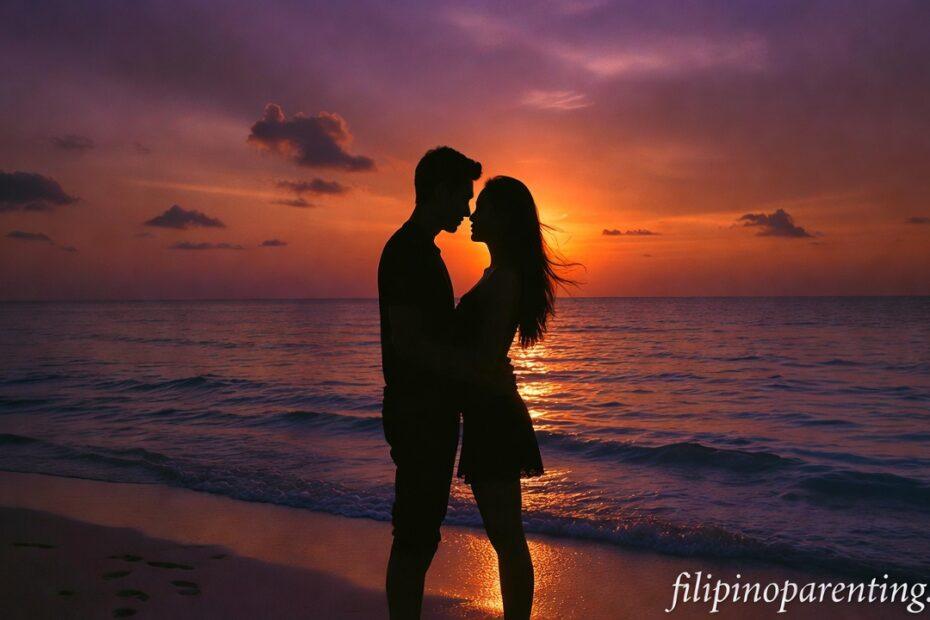 A silhouette of a couple on a beach at sunset representing Romantic Tagalog Sayings Warm Heart Soul.
