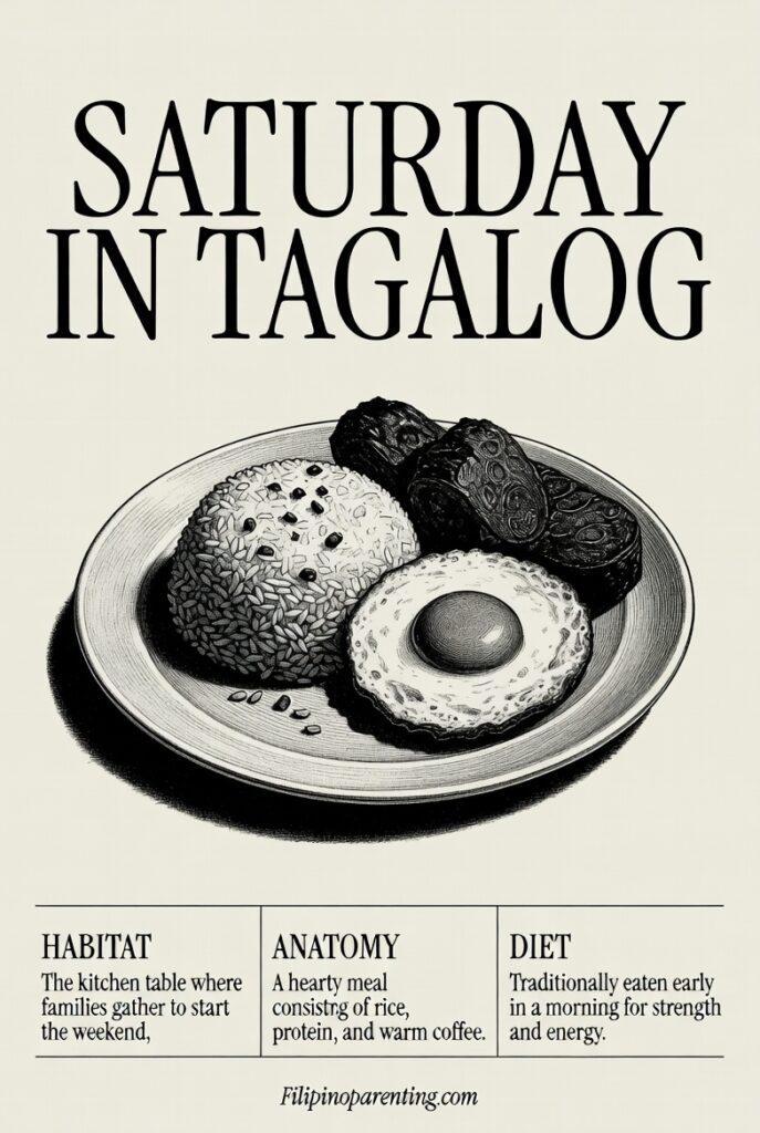 Saturday in Tagalog (Sabado): 20+ Essential Greetings, Meanings & Family Traditions for the Weekend Simple anatomical poster of a Saturday in Tagalog breakfast with habitat and diet facts.