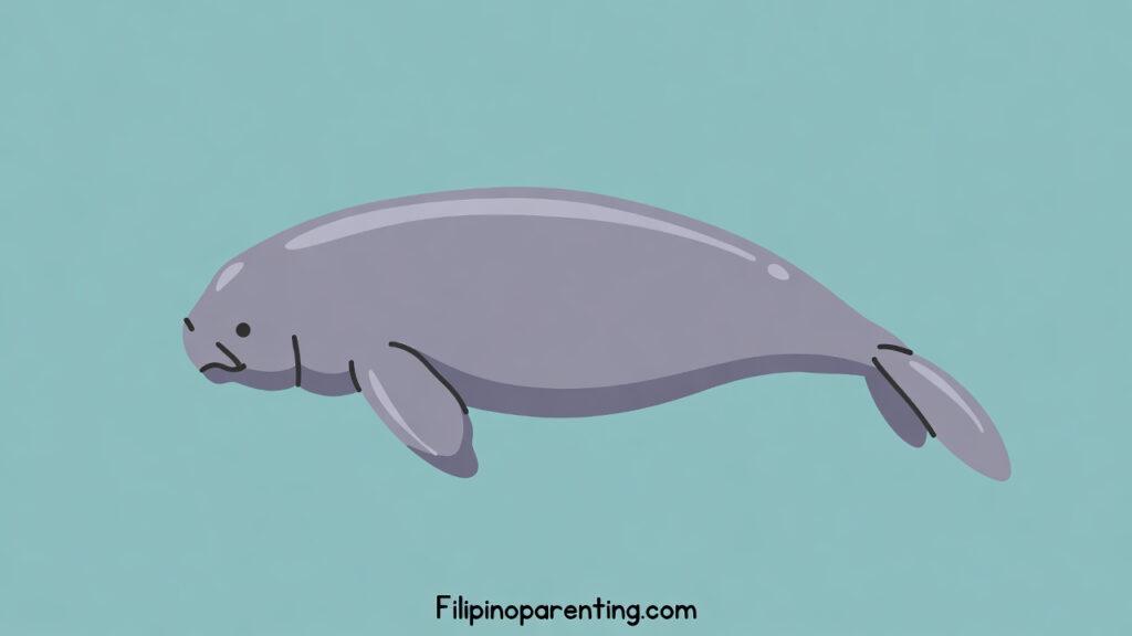 Sea Cow in Tagalog (Dugong): Master 12 Essential Example Sentences for Amazing Sea Cow Conservation Simple flat color illustration of a Sea Cow in Tagalog known as a dugong.