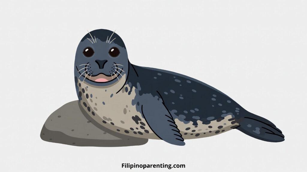 Seal in Tagalog (Leon-Dagat): Unlock 12 Fascinating Example Sentences for Incredible Seal Vocabulary Educational illustration of a harbor seal resting on a rock representing Seal in Tagalog.