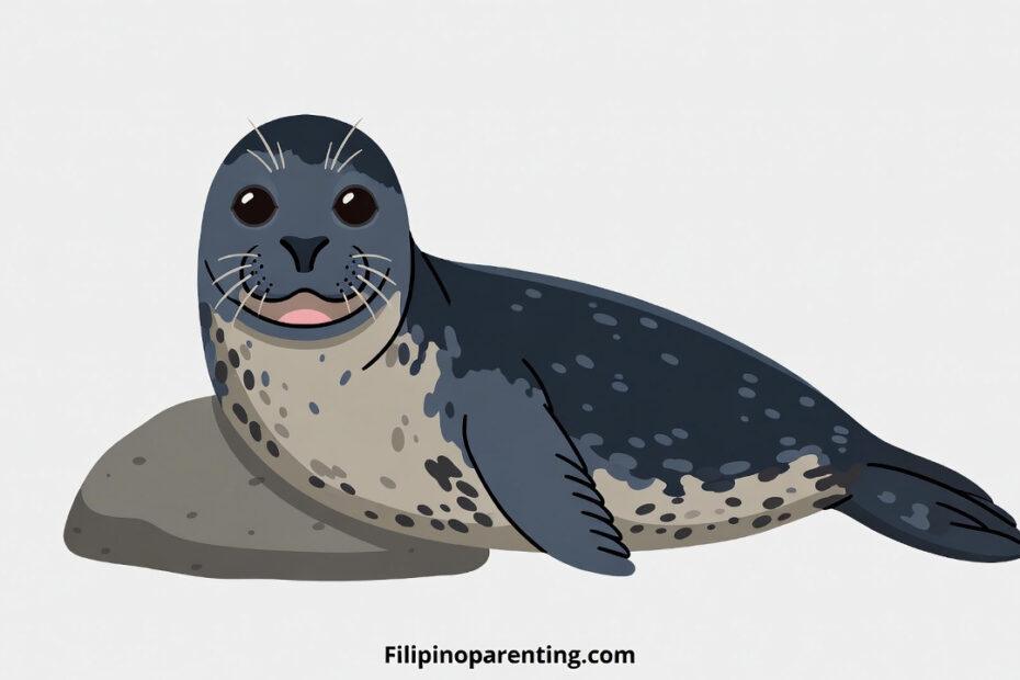 Seal in Tagalog (Leon-Dagat): Unlock 12 Fascinating Example Sentences for Incredible Seal Vocabulary Educational illustration of a harbor seal resting on a rock representing Seal in Tagalog.