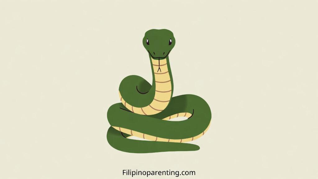 Snake in Tagalog: Unlock 12 Essential Example Sentences for Incredible Wildlife & Nature Mastery Cartoon illustration of a coiled green snake for learning the Tagalog word Ahas.