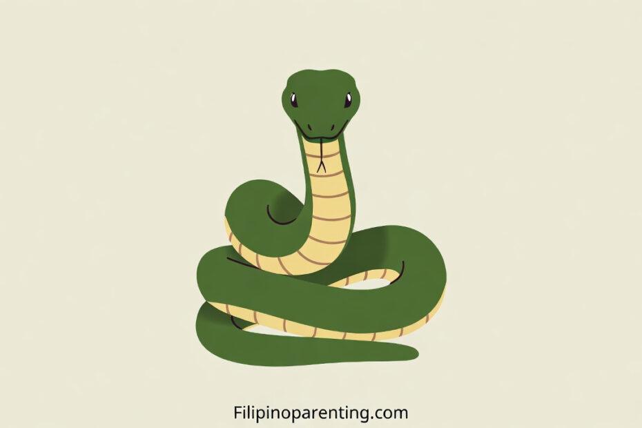 Snake in Tagalog: Unlock 12 Essential Example Sentences for Incredible Wildlife & Nature Mastery Cartoon illustration of a coiled green snake for learning the Tagalog word Ahas.