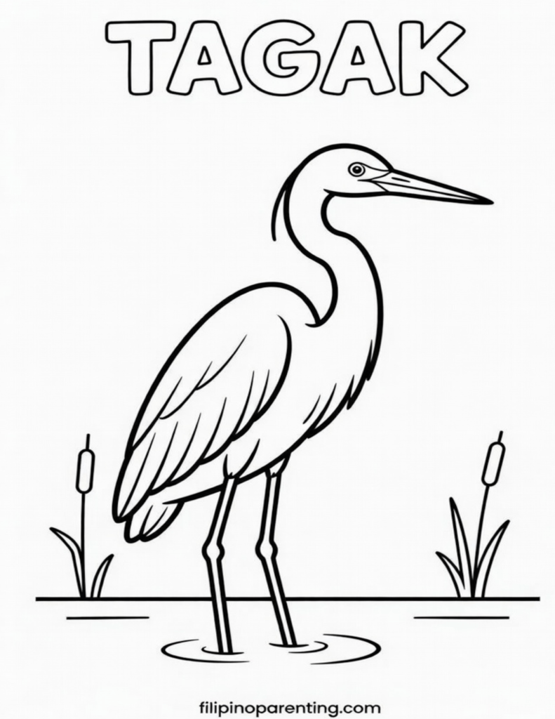 16 Free Philippine Bird (Ibon) Coloring Pages: Ultimate Heritage Guide Printable Tagak (Egret) Tagalog vocabulary coloring page for families and language learners.