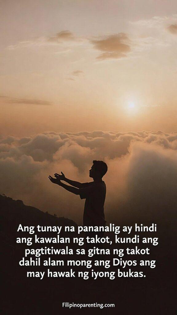 Tagalog Christian Quotes Pananalig at Pag-asa Strength: 5 Miraculous Truths A peaceful Christian-themed vertical image of a Filipino figure on a hilltop at sunrise with a Tagalog quote about true faith.
