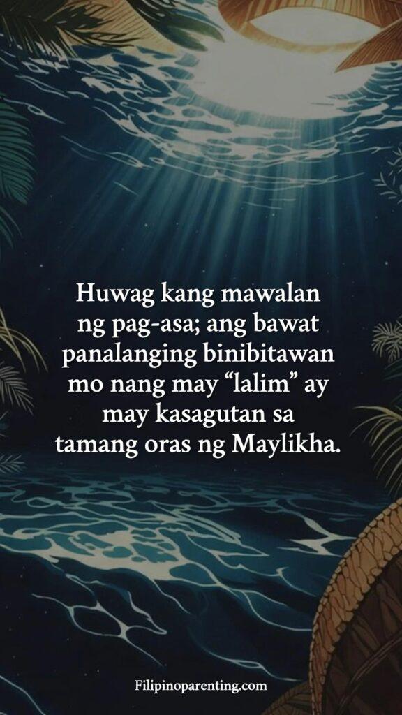 Tagalog Christian Quotes Pananalig at Pag-asa Strength: 5 Miraculous Truths A vertical Christian image with deep-water symbolism and a Tagalog quote about hope and prayer.