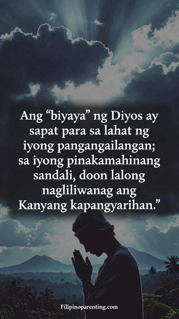 Tagalog Christian Quotes Pananalig at Pag-asa Strength: 5 Miraculous Truths A vertical Christian image with light breaking through clouds and a Tagalog quote about God’s grace.