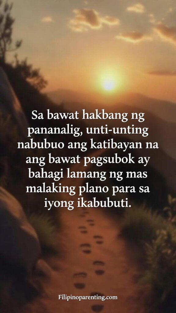 Tagalog Christian Quotes Pananalig at Pag-asa Strength: 5 Miraculous Truths A vertical Christian image of footsteps on a sunrise path with a Tagalog quote about faith and trials.