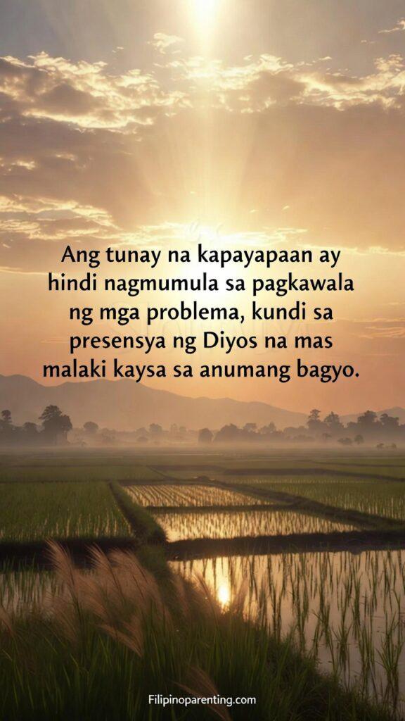 Tagalog Christian Quotes for Daily Peaceful Heart: 5 Unshakeable Truths A peaceful sunrise over a Filipino countryside landscape with the Tagalog Christian quote about true peace written on the image.