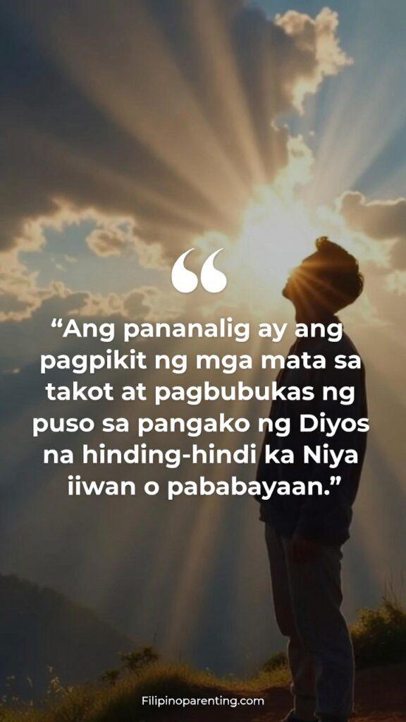 Tagalog Christian Quotes for Daily Peaceful Heart: 5 Unshakeable Truths A person standing on a hilltop with sunlight shining, paired with a Tagalog quote about faith in God’s promise.