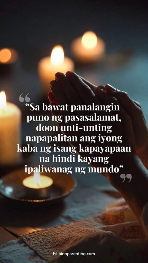 Tagalog Christian Quotes for Daily Peaceful Heart: 5 Unshakeable Truths Hands in prayer illuminated by warm candlelight with a Tagalog quote about peace through gratitude.