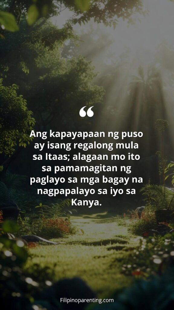 Tagalog Christian Quotes for Daily Peaceful Heart: 5 Unshakeable Truths A peaceful forest path with sunlight filtering through trees and a Tagalog quote about guarding the peace God gives.