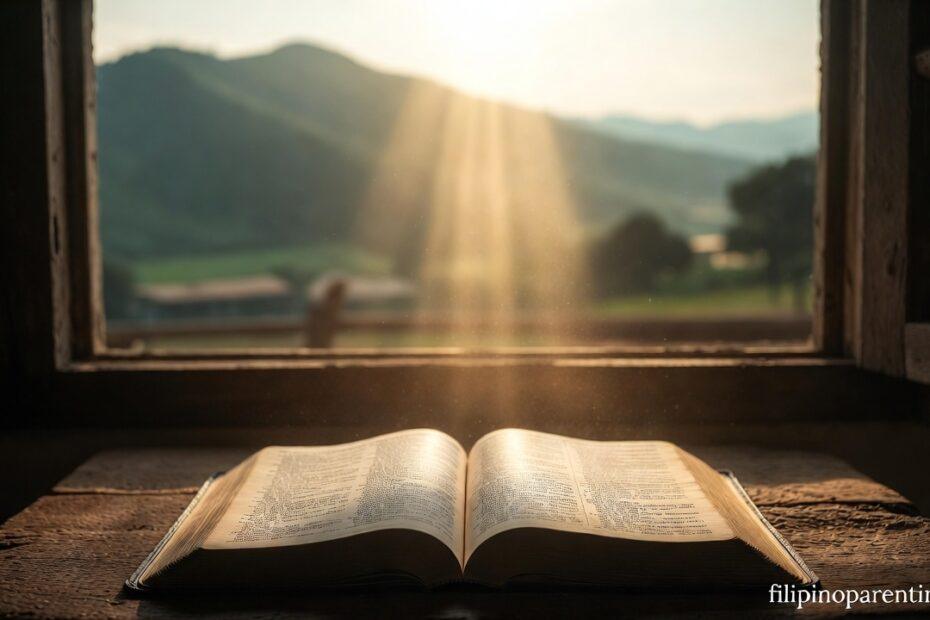 An open Bible in a sunlit window representing Tagalog Christian Quotes for Daily Peaceful Heart.