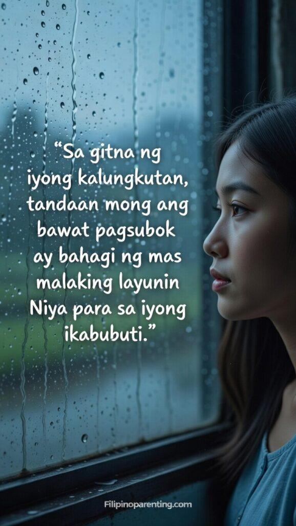 Tagalog Christian Quotes on God’s Perfect Plan and Hope: 5 Unshakeable Truths A poignant vertical photograph of an18-year old Filipina woman looking out a rain-streaked window, featuring the Tagalog quote about trials having a greater purpose.