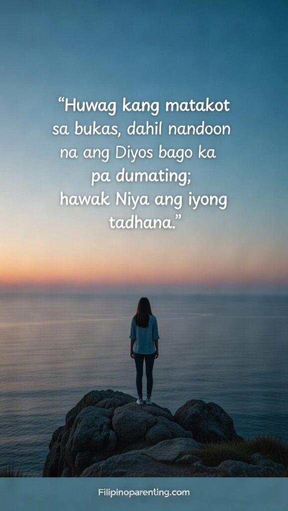 Tagalog Christian Quotes on God’s Perfect Plan and Hope: 5 Unshakeable Truths Vertical perspective of a lone figure standing on a cliff edge at dawn looking out over a vast ocean, with the Tagalog quote about God holding your destiny.