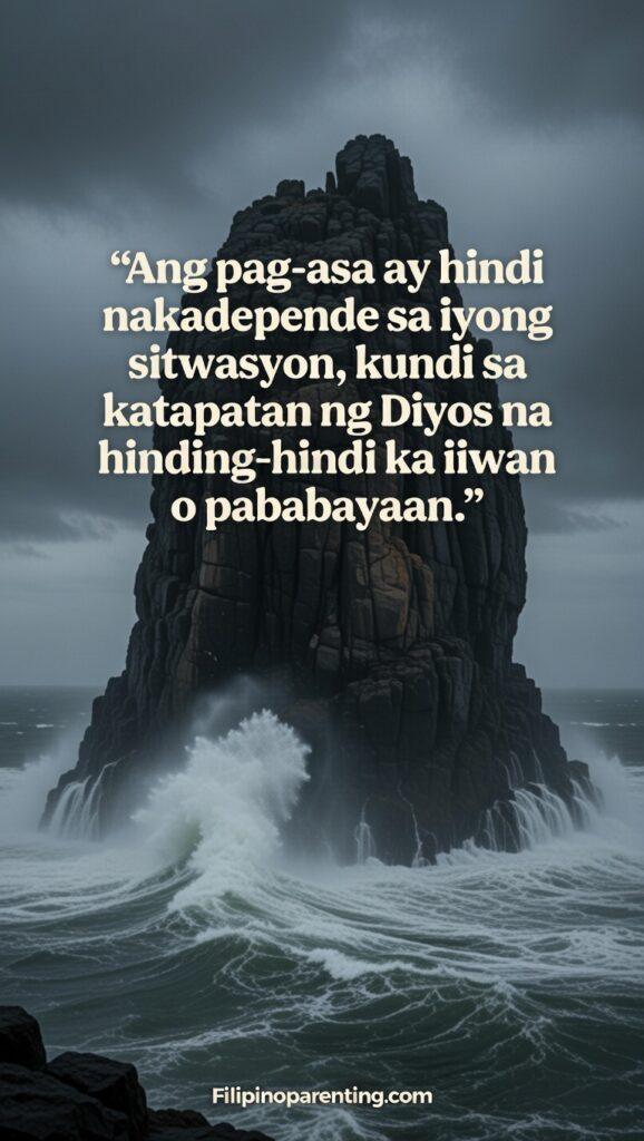 Tagalog Christian Quotes on God’s Perfect Plan and Hope: 5 Unshakeable Truths Vertical photograph of a massive rock formation standing strong while heavy waves crash violently around it, featuring the Tagalog quote about hope and God's faithfulness.