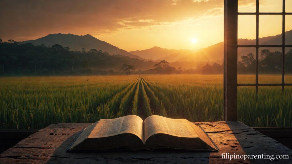 Tagalog Christian Quotes on God’s Perfect Plan and Hope: 5 Unshakeable Truths An open Bible at sunset representing Tagalog Christian Quotes on God’s Perfect Plan and Hope.