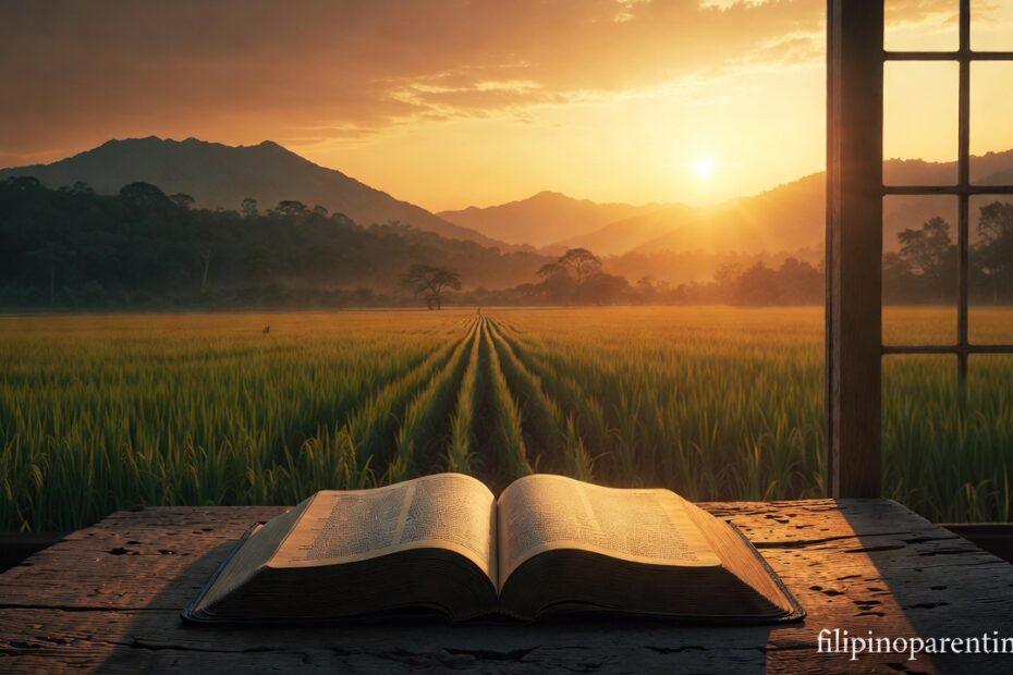 An open Bible at sunset representing Tagalog Christian Quotes on God’s Perfect Plan and Hope.