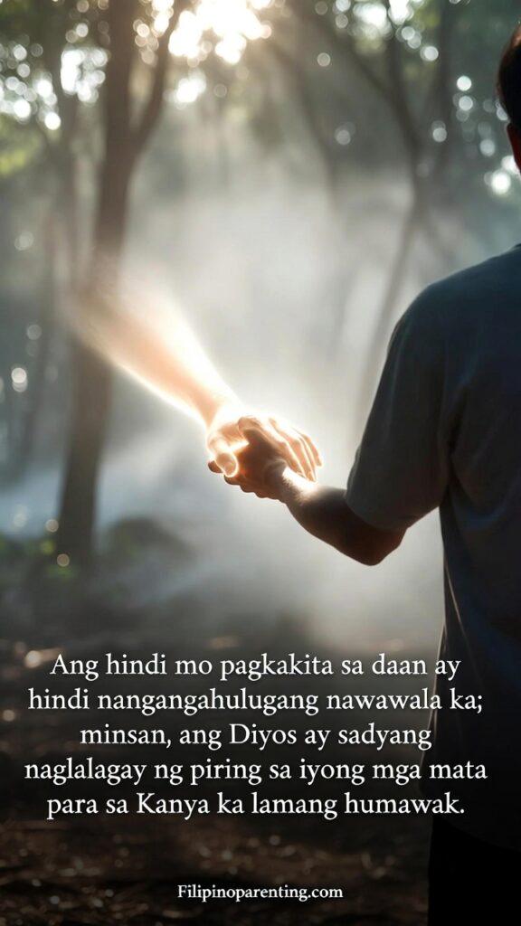 Tagalog Christian Wisdom Navigating Uncertainty: 5 Unshakeable Truths A person walking through a misty forest, holding onto an unseen hand.