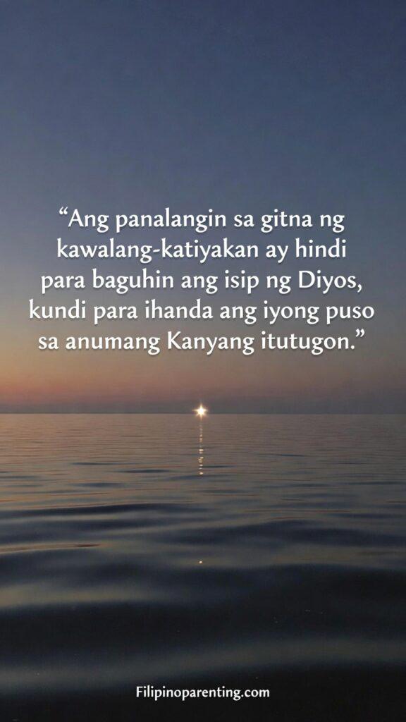 Tagalog Christian Wisdom Navigating Uncertainty: 5 Unshakeable Truths A silhouette of a person in prayer against a calm, deep blue twilight sky.