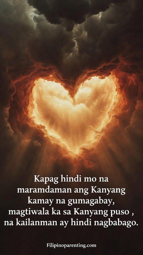 Tagalog Christian Wisdom Navigating Uncertainty: 5 Unshakeable Truths An abstract, warm glowing heart shape formed by light rays in the center of a dark, stormy sky.