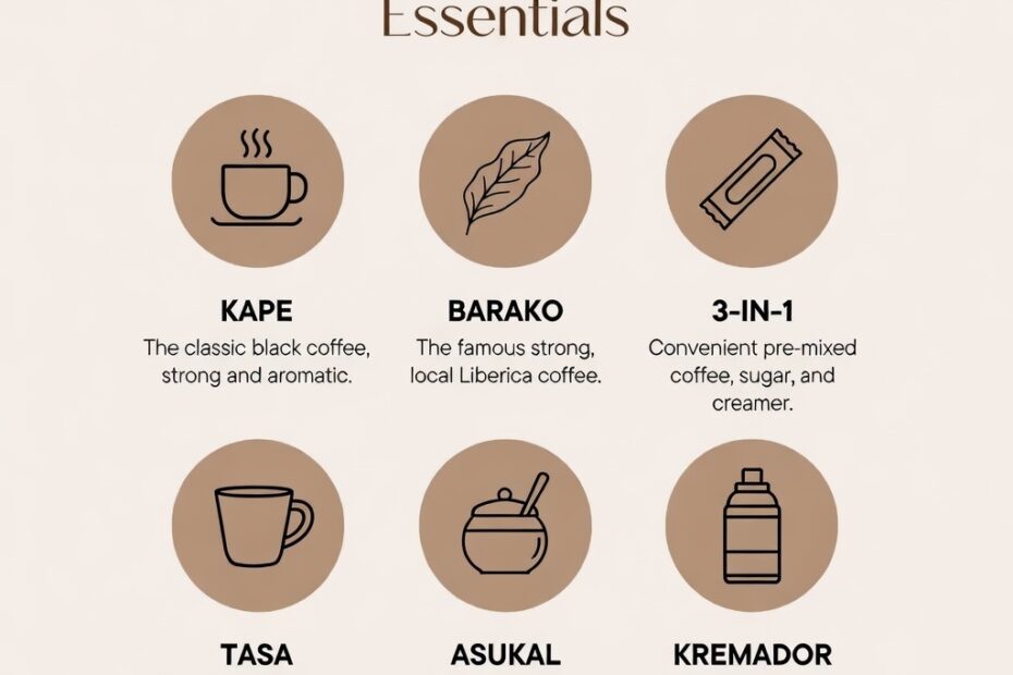 25 Easy Tagalog Coffee Phrases for Beginners (Filipino Coffee Break Guide) Pinoy Coffee Break Essentials featuring kape, barako, 3‑in‑1, tasa, asukal, and kremador — a simple visual guide to Filipino coffee culture with useful Tagalog coffee phrases for everyday breaks, ordering, and merienda moments. From filipinoparenting.com.
