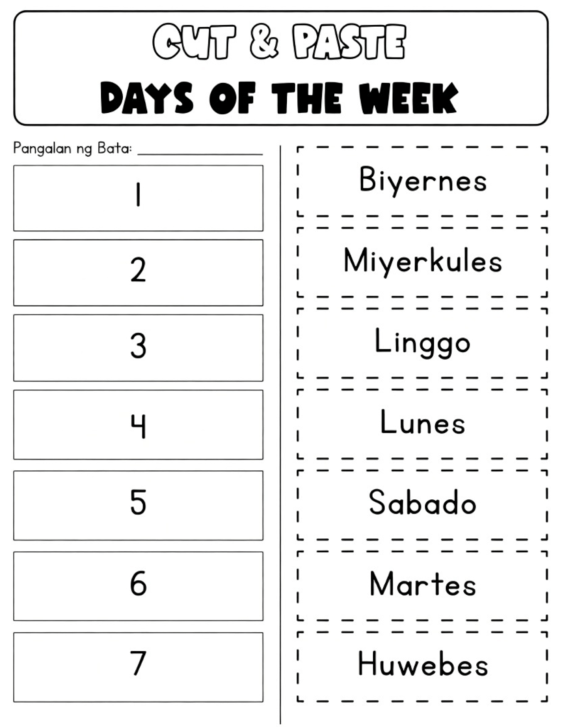 3 Free Printable Tagalog Days of the Week Worksheets (Mga Araw ng Linggo PDF) Educational Tagalog days of the week worksheets for learners featuring a cut and paste activity.