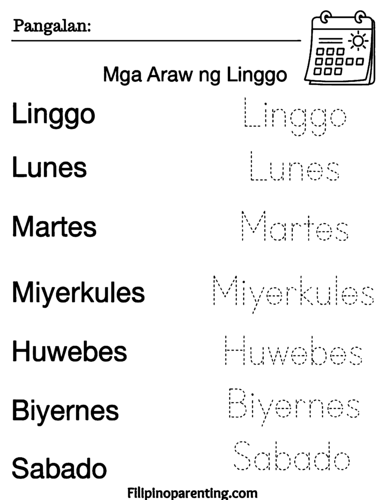 3 Free Printable Tagalog Days of the Week Worksheets (Mga Araw ng Linggo PDF) Tracing and handwriting practice sheet for learning the 7 days of the week in Tagalog.