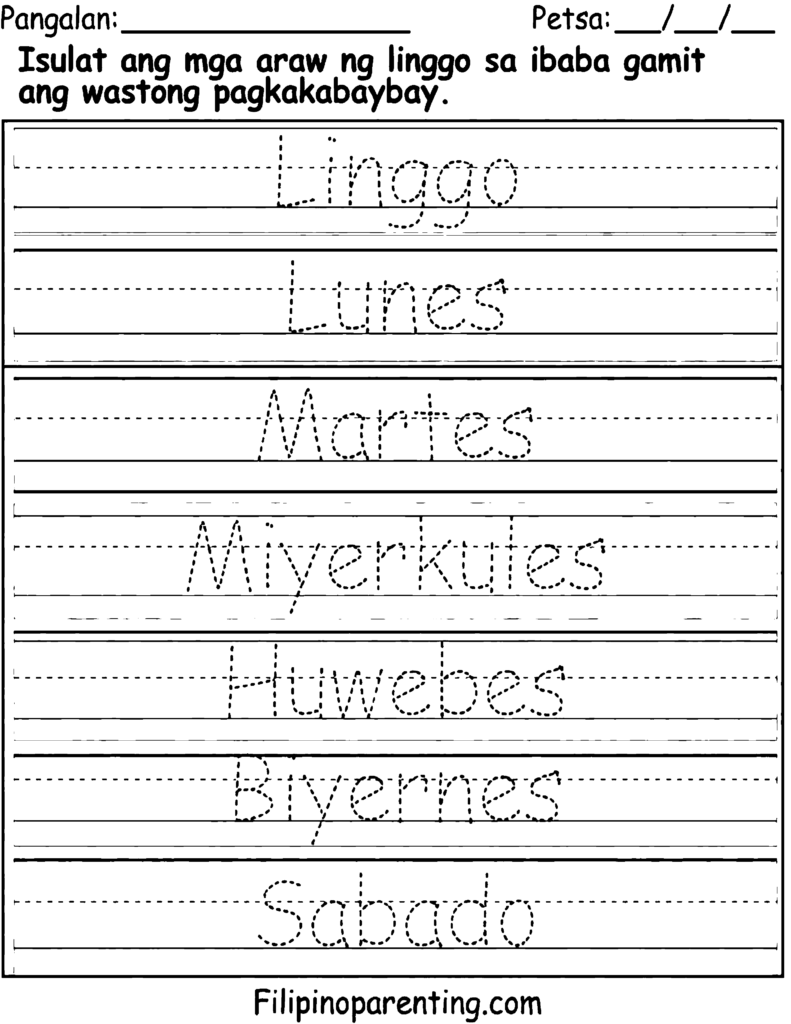 3 Free Printable Tagalog Days of the Week Worksheets (Mga Araw ng Linggo PDF) Advanced Tagalog days of the week worksheets focused on independent writing and vocabulary mastery.