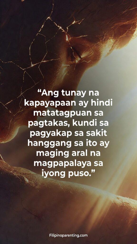 Tagalog Expressions Heart Depth Soul: 5 Inspiring Unshakeable Truths Vertical inspirational image about healing through pain and finding peace.