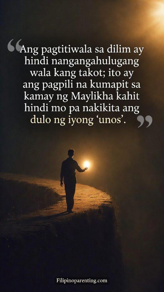 Tagalog Faith Quotes Pagtitiwala sa Dilim Heavy Heart: 5 Miraculous Truths Inspirational Filipino faith image of a person walking through darkness guided by a warm light, with Tagalog quote about trusting God in uncertainty.