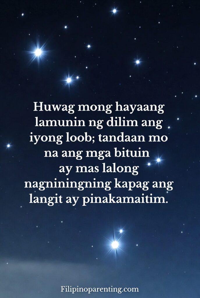 Tagalog Faith Quotes Pagtitiwala sa Dilim Heavy Heart: 5 Miraculous Truths Night sky with bright stars and Tagalog quote about inner strength shining in darkness.