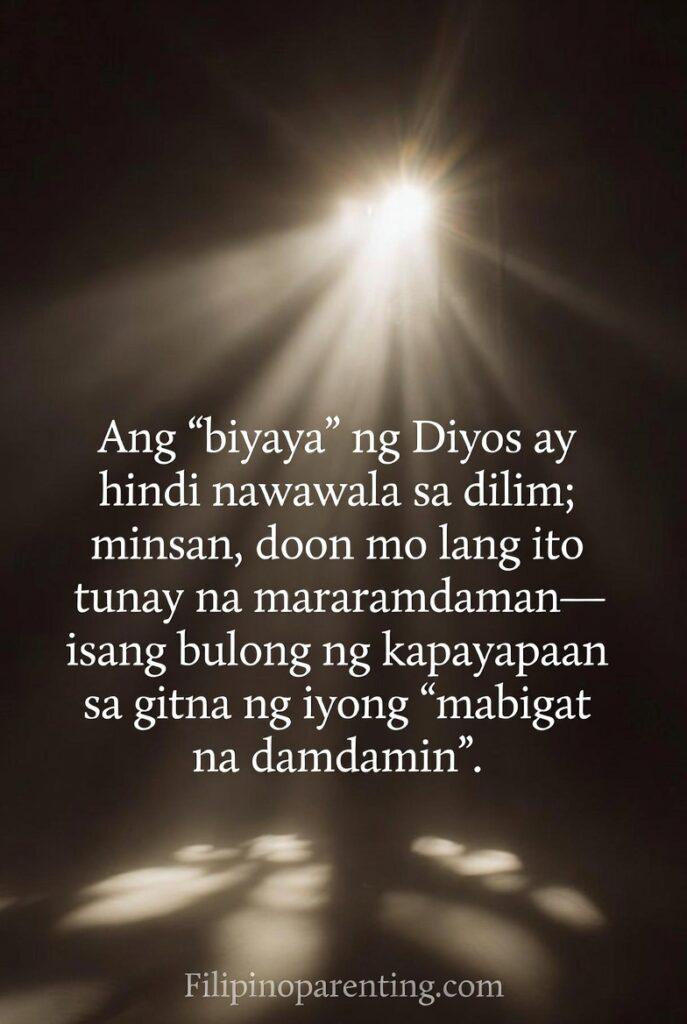 Tagalog Faith Quotes Pagtitiwala sa Dilim Heavy Heart: 5 Miraculous Truths Soft light breaking through darkness with Tagalog quote about God’s grace felt in heavy moments.