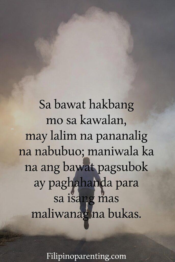 Tagalog Faith Quotes Pagtitiwala sa Dilim Heavy Heart: 5 Miraculous Truths Person walking into misty unknown path with Tagalog quote about deepening faith through trials.