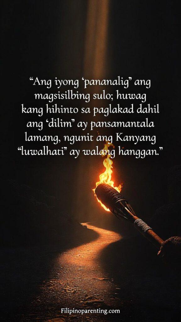 Tagalog Faith Quotes Pagtitiwala sa Dilim Heavy Heart: 5 Miraculous Truths Torch lighting a dark path with Tagalog quote about faith guiding through temporary darkness.