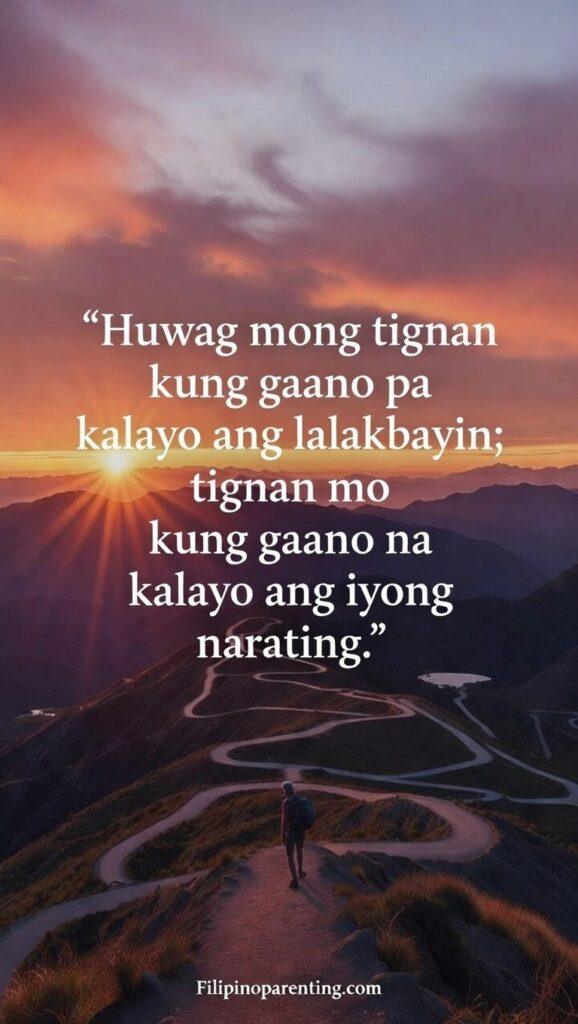 Tagalog Motivation Quotes Laban Lang Keep Going: 5 Tenacious Daily Truths A lone hiker looks back at a winding mountain path at sunrise, symbolizing the progress made.