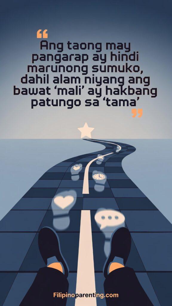 Tagalog Motivation Quotes Laban Lang Keep Going: 5 Tenacious Daily Truths An illustrative graphic of a path where a person is walking forward, past subtle markers of previous detours, toward a shining goal.