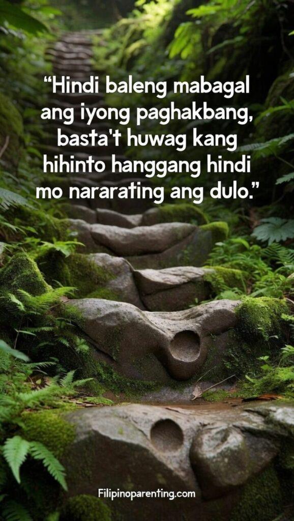 Tagalog Motivation Quotes Laban Lang Keep Going: 5 Tenacious Daily Truths A macro photo of stone steps in a forest, showing dappled light and a weathered footprint, illustrating slow but steady progress.