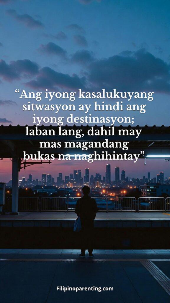 Tagalog Motivation Quotes Laban Lang Keep Going: 5 Tenacious Daily Truths A person stands on a train platform looking toward a bright city skyline, symbolizing a future that is different from the present.
