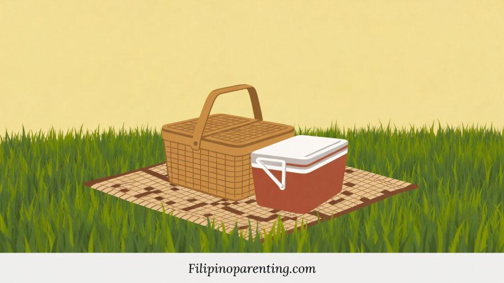 Tagalog Picnic Words: 15 Essential Terms for a Fun Pinoy Outing Tagalog Picnic Words: A stylized vector illustration of a woven picnic basket and a red cooler sitting on a traditional banig mat in the grass.