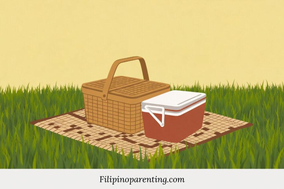 Tagalog Picnic Words: A stylized vector illustration of a woven picnic basket and a red cooler sitting on a traditional banig mat in the grass.