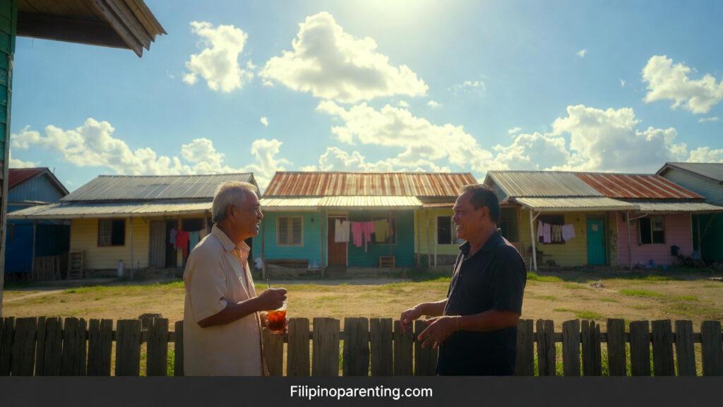 Tagalog Polite Words for Neighbors: 10 Ultimate Phrases to Build Community Tagalog Polite Words: Two Filipino neighbors chatting politely over a wooden fence in a sunny neighborhood.