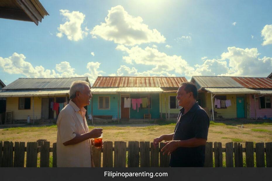Tagalog Polite Words: Two Filipino neighbors chatting politely over a wooden fence in a sunny neighborhood.