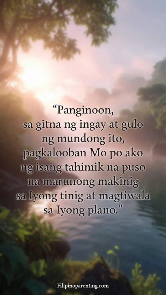 Tagalog Prayers for Peace in Uncertain Times: 5 Miraculous Reflections A serene vertical image with soft light and peaceful scenery featuring a Tagalog prayer about finding calm in chaos.
