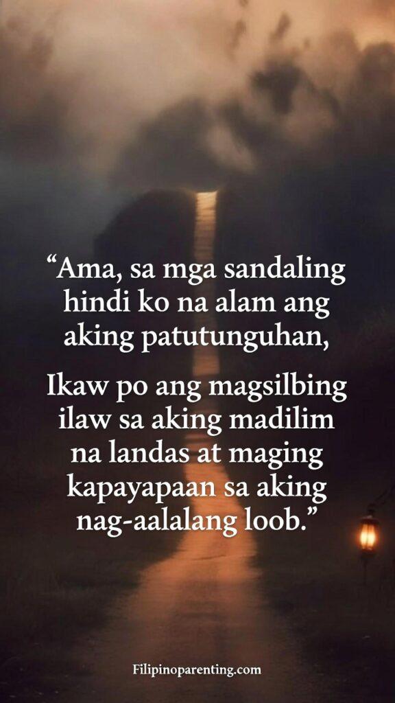 Tagalog Prayers for Peace in Uncertain Times: 5 Miraculous Reflections A vertical image showing a symbolic lighted path paired with a Tagalog prayer about guidance in dark moments.