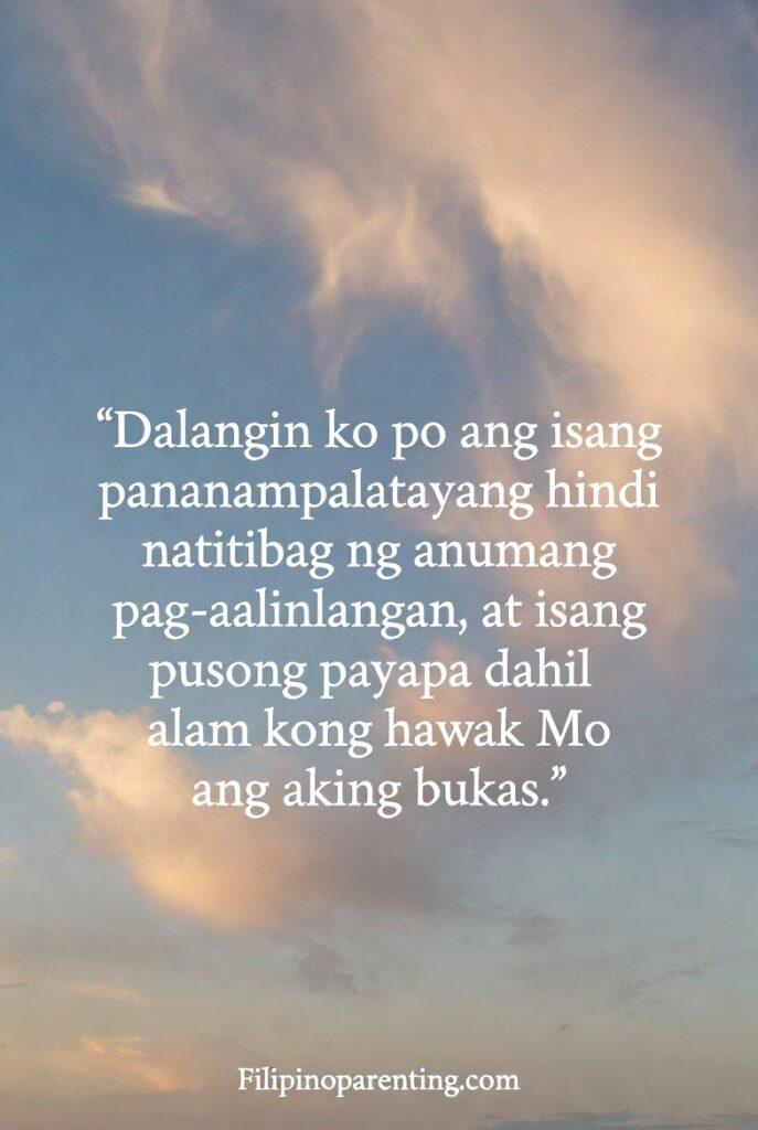 Tagalog Prayers for Peace in Uncertain Times: 5 Miraculous Reflections A vertical faith‑themed image with soft skies and a Tagalog prayer about unshakable faith and peace.