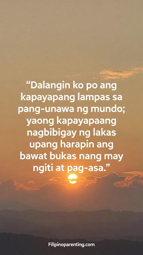 Tagalog Prayers for Peace in Uncertain Times: 5 Miraculous Reflections A vertical sunrise‑themed image with a Tagalog prayer about peace that strengthens the heart.