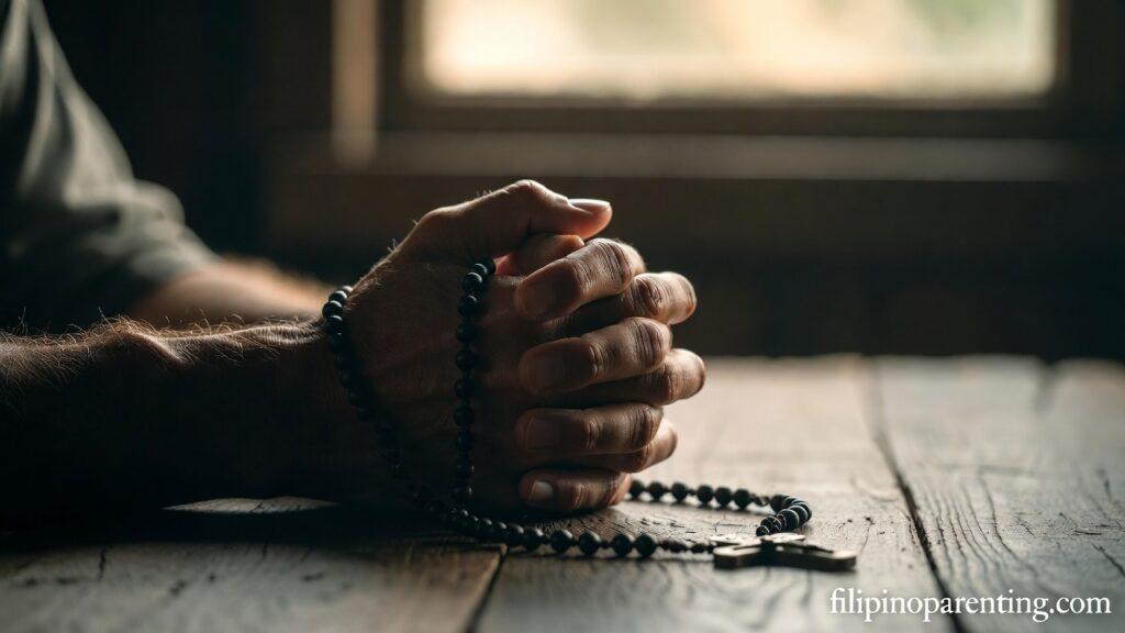 Tagalog Prayers for Peace in Uncertain Times: 5 Miraculous Reflections Hands clasped in prayer on a wooden table representing Tagalog Prayers for Peace in Uncertain Times.