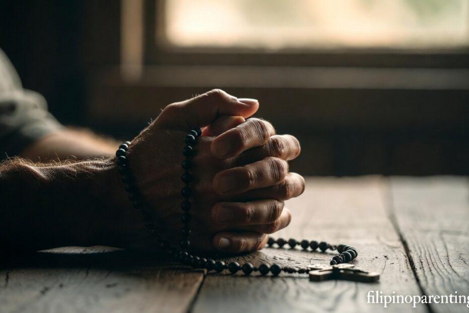 Hands clasped in prayer on a wooden table representing Tagalog Prayers for Peace in Uncertain Times.